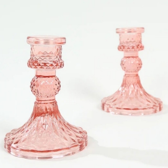 Pair Candy Pink Faceted Glass Candlesticks 2 Crystal Candle Holders Set Vintage - Picture 5 of 10